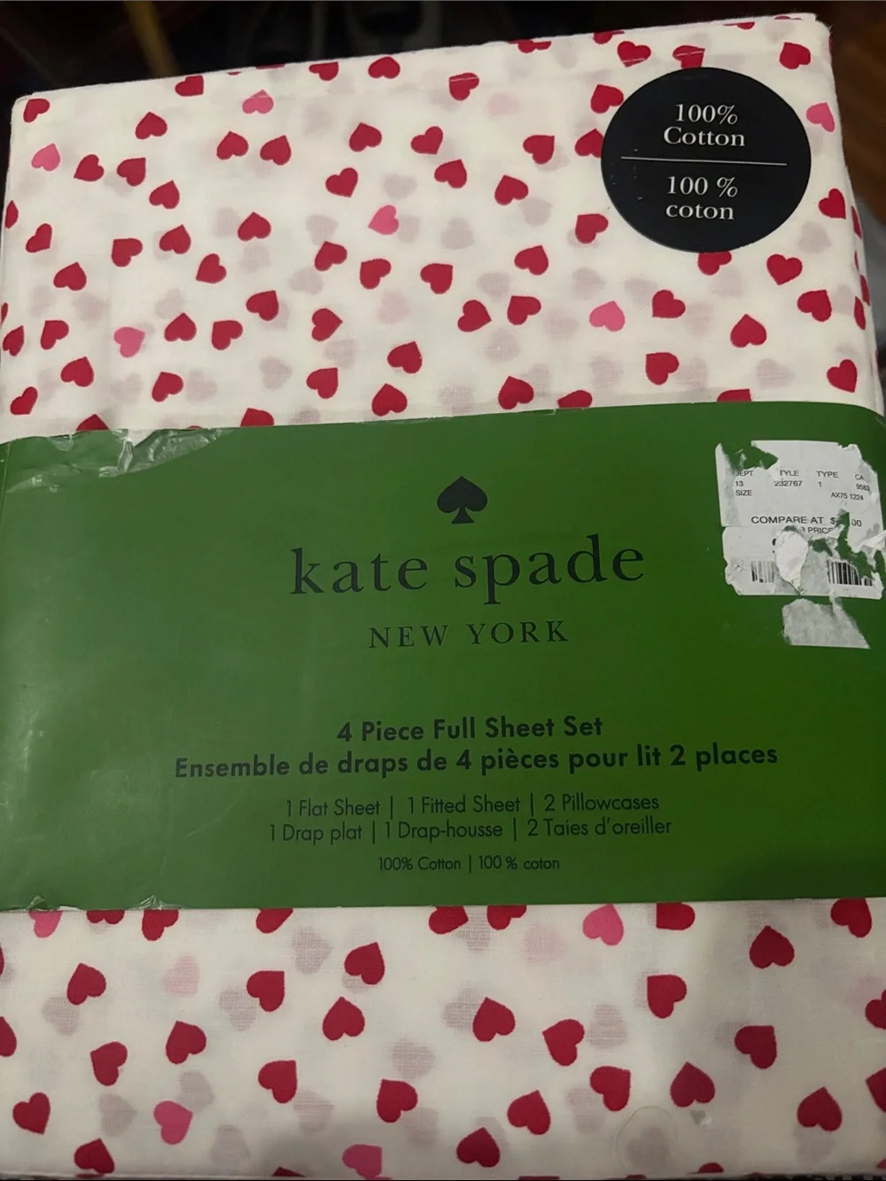 kate spade White Sheet Set with Red and Pink Hearts